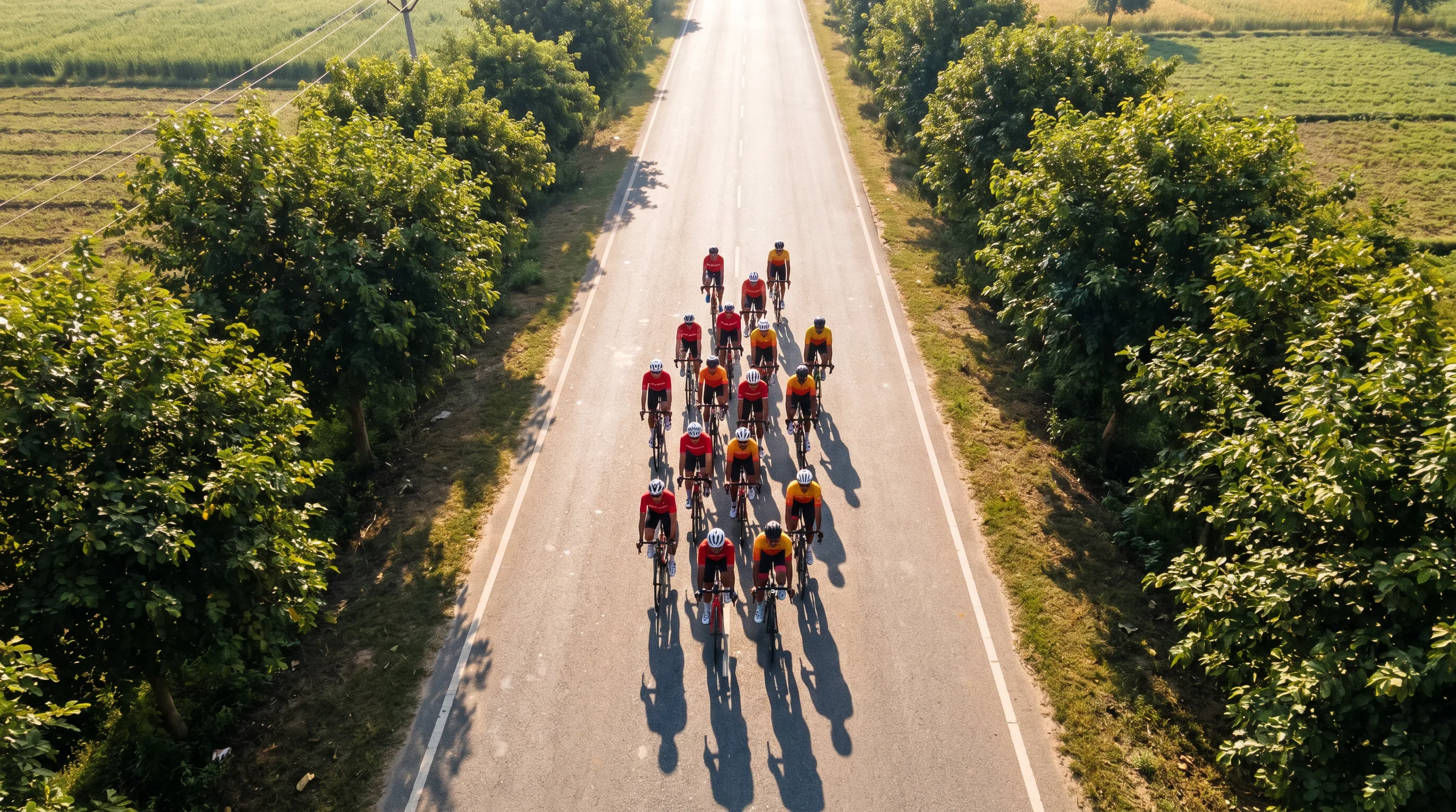 Aerial view of cyclists riding in formation on a countryside road